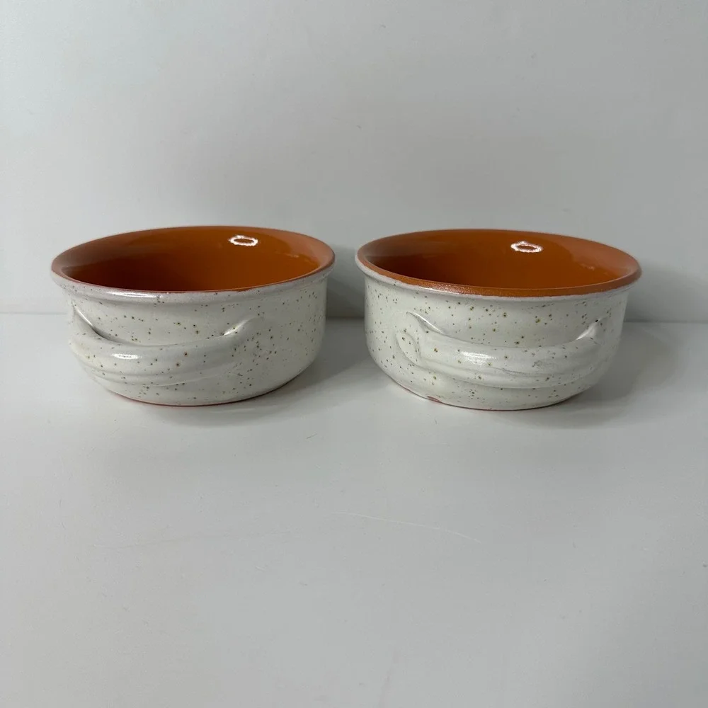 2 De Silva Italy Glazed Speckled Terracotta Soup Bowls Double Handles Farmhouse